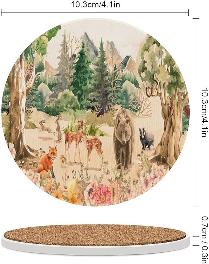 Forest Drink Coasters, Round Ceramic Drink Coaster Round-4PCS, Retro Mountain Forest Nature Tree Woodland Flower Animal Bear, Deer Decor Absorbent Ceramic Coasters for Beverage Cup, Bar, Coffee Table