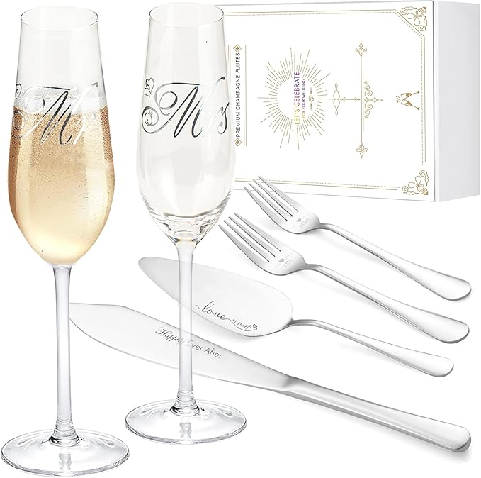 Wedding Cake Knife and Server Set, Cake Cuting Set for Wedding, Sliver Mr anf Mrs Champagne Fllutes for Bride Shower Engagement Gifts