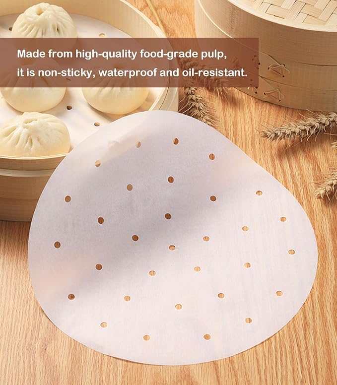 100 PCS Bamboo Steamer Liner, 8 Inch Round Air Fryer Parchment Paper with Holes, White Non-Stick Steamer Paper Sheet