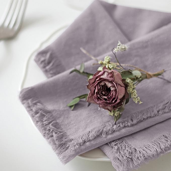 Handmade Cloth Napkins 100% Cotton Napkins with Fringe，Delicate Handmade Cloth Napkins for Dinners, Parties, Weddings and More，18 x 18 Inch Set of 12 - Lavender