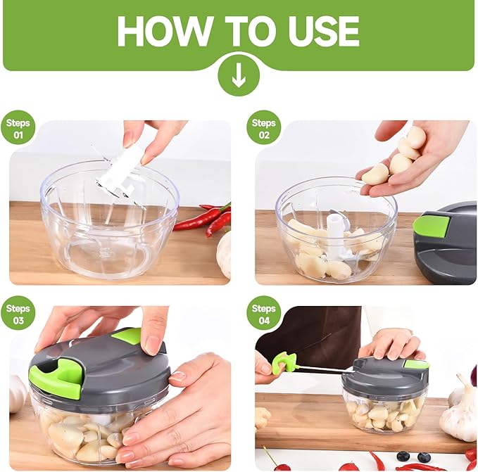 Ziweaye Manual Food Processor Vegetable Chopper, Portable Hand Pull String Garlic Mincer Onion Cutter for Veggies, Ginger, Fruits, Nuts, Herbs, etc., 500ml,（Gray-green）