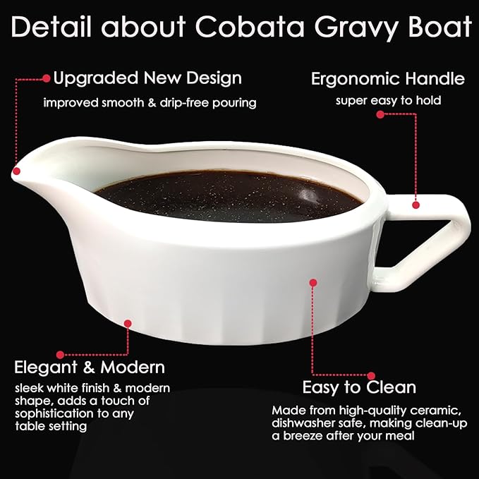 Cobata 24oz Large Capacity Gravy Boat - Upgrade Premium White Sauce Boat - Elegant Pouring Spout - Perfect for Serving Gravy, Sauces, Dressings - Dishwasher Safe