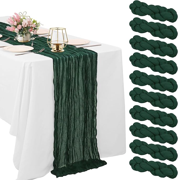 10 Pack Dark Green Cheesecloth Table Runner 6FT Boho Gauze Fabric Table Runner Vintage Rustic Sheer Runners for Wedding Party Bridal Baby Shower Long Table Decorations