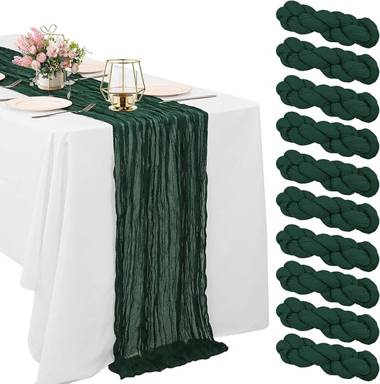 10 Pack Dark Green Cheesecloth Table Runner 6FT Boho Gauze Fabric Table Runner Vintage Rustic Sheer Runners for Wedding Party Bridal Baby Shower Long Table Decorations