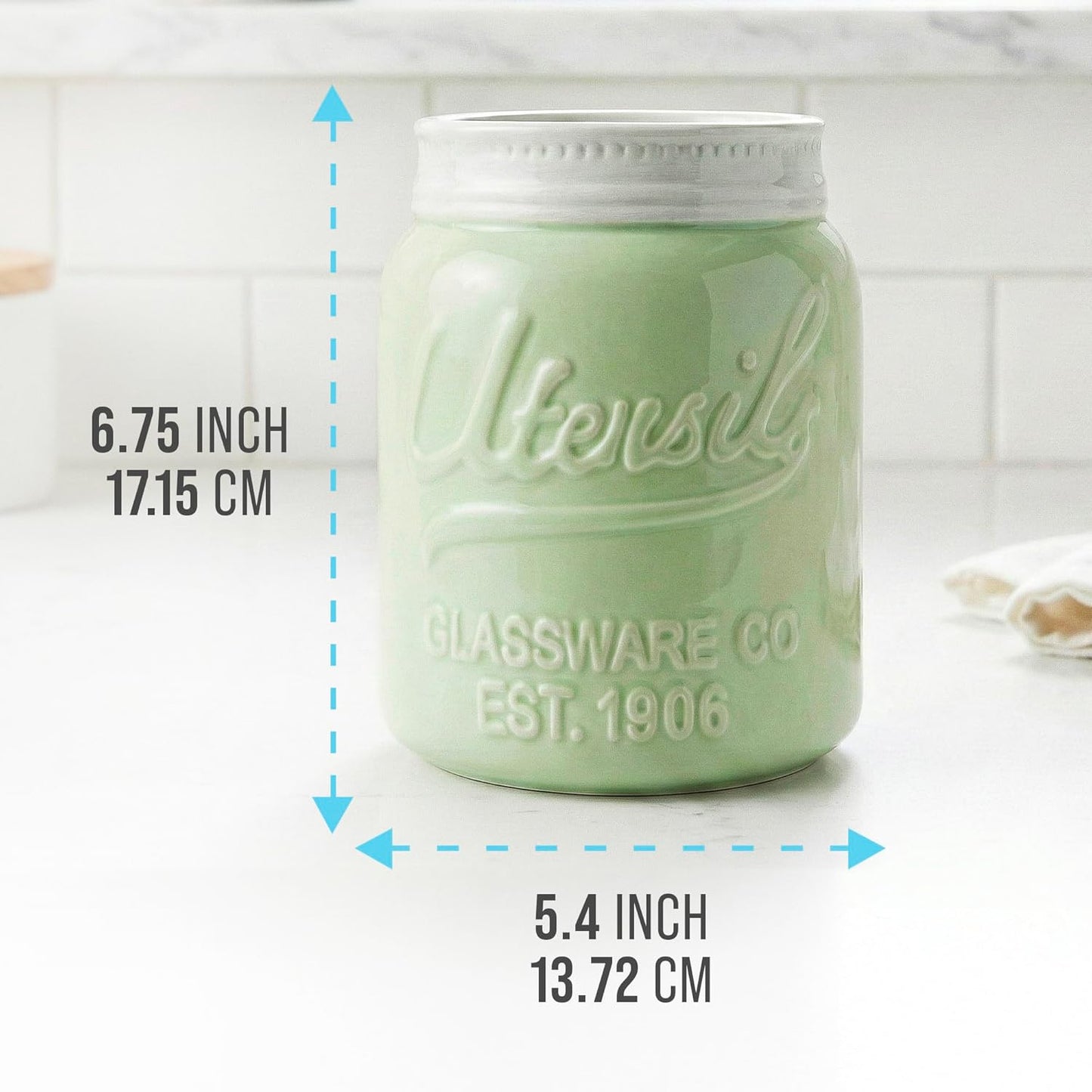 Comfify Wide Mouth Mason Jar Utensil Holder Decorative Kitchenware Organizer Crock, Dishwasher Safe - Kitchen Caddy Green, Large Size 7" Hight