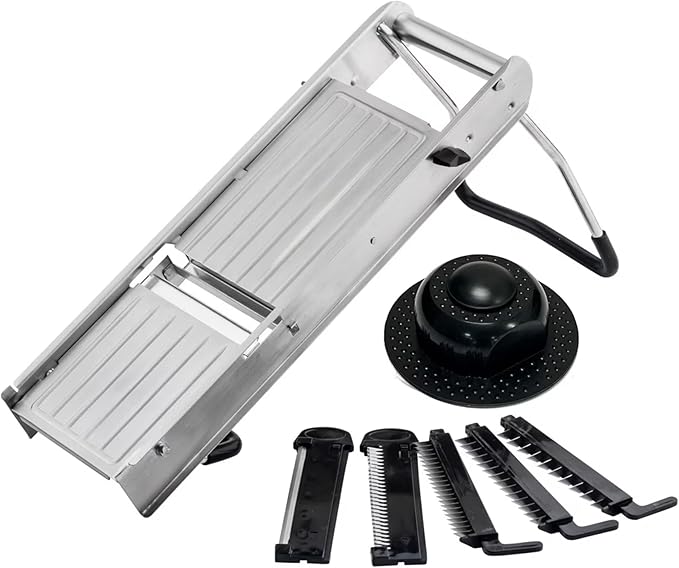 TableCraft 12629 Mandoline Slicer Set, Stainless Steel Adjustable Vegetable Slicer with 5 Interchangeable Blades, Non-Skid Folding Stand, Dishwasher Safe, Commercial Prep Tool