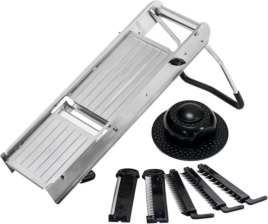 TableCraft 12629 Mandoline Slicer Set, Stainless Steel Adjustable Vegetable Slicer with 5 Interchangeable Blades, Non-Skid Folding Stand, Dishwasher Safe, Commercial Prep Tool