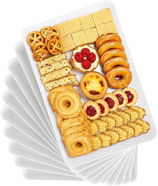 10-Pack Serving Tray, Serving Platter for Parties, Entertaining, Camping & Food Display, Reusable & Stackable Plastic Trays in Kitchen, Rectangular Food Platters for Cookie, Appetizer(White)