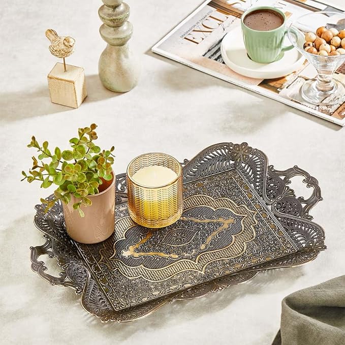 Moroccan Antique Coffee Tea Serving Tray Table Home Decor Decorative Handle - Antique Arabic Brass Fancy Persian Rectangle Vintage Retro Rustic Ottoman Farmhouse Style Decor Tray Traditional