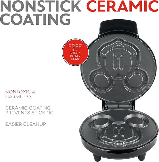 Disney Mickey Mouse 7" Round Waffle Maker by Select Brands - Premium Mickey Mouse Kitchen Appliance with Ceramic Nonstick Coating - Disney Kitchen Appliances - 7" Mickey Character Waffles