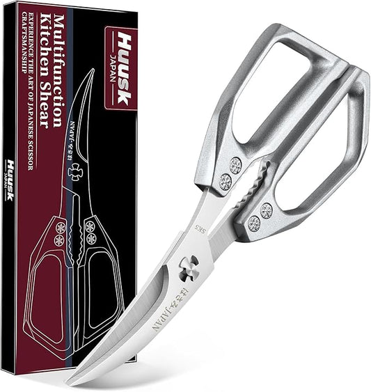 Huusk Seafood Scissors Silver - Stainless Steel Kitchen Shears Dishwasher Safe, Sharp Japanese-Style Kitchen Scissor for Crab, Shrimp, Lobster, Herbs and Food Prep, Christmas Gifts for Men Women
