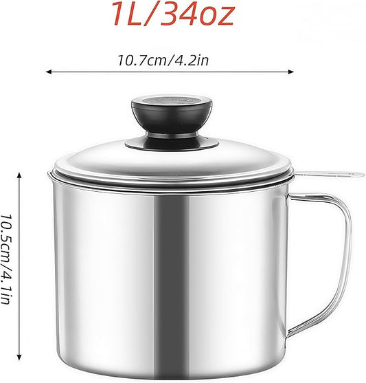 RIIPOO Grease Container for Kitchen, 34oz Bacon Grease Saver with Strainer, 410 Stainless Steel Cooking Oil Container Can, Oil Storage Keeper with Lid