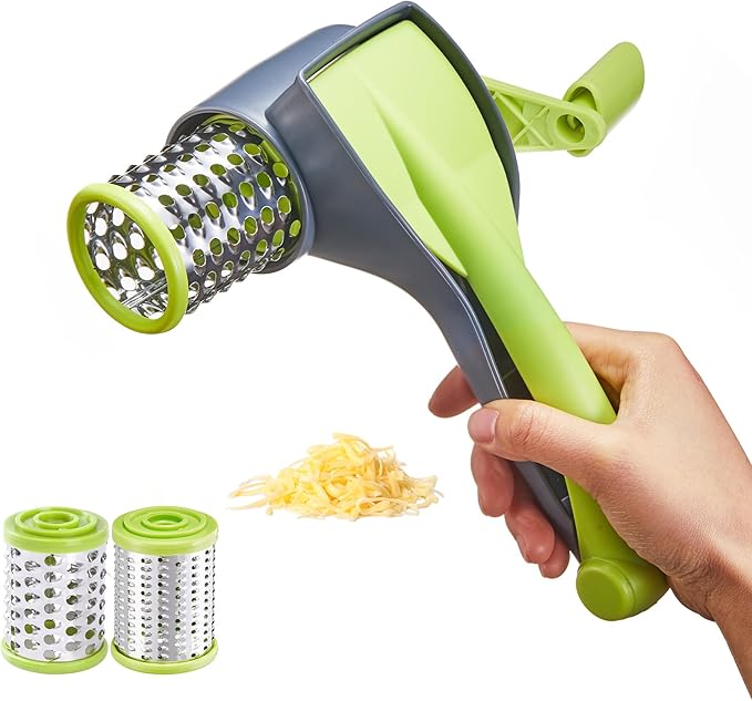 Cheese Grater with Handle, Kitchen Parmesan Cheese Grater with 2 Stainless Steel Drums, Rotary Cheese Graters Handheld for Grating and Shredding Hard Cheese, Chocolate