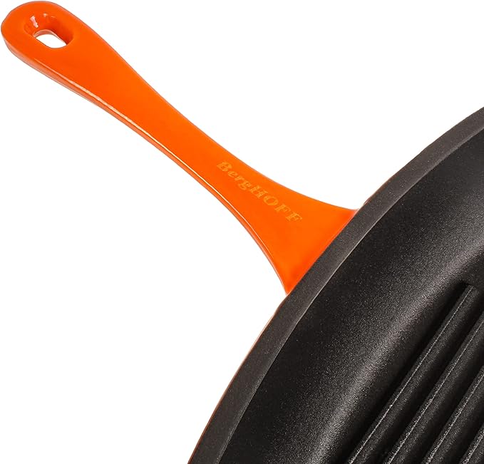Berghoff Neo 2Pc Enameled Cast Iron Grill Set, Grill Pan 11 inches, Bacon/Steak Press 8 inches, Fast, Evenly Heat, Oven safe (Orange)