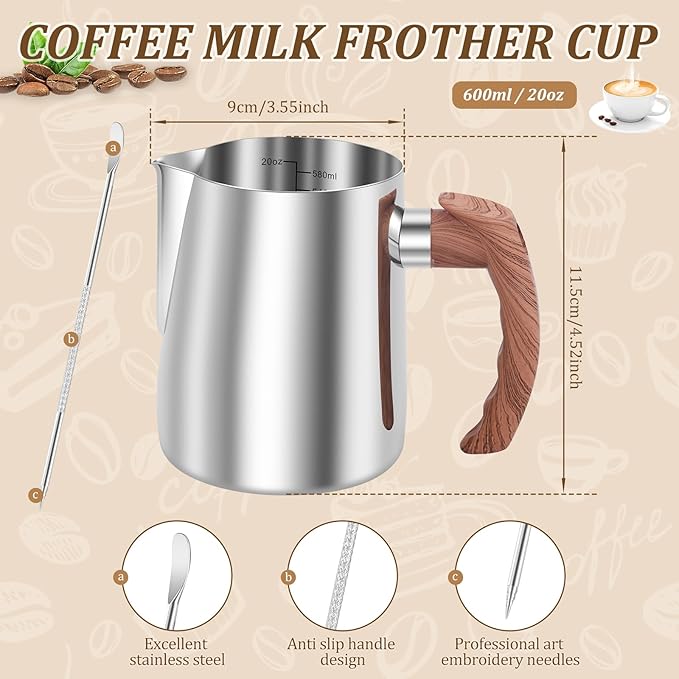 Milk Frothing Pitcher, 20oz/600ml Stainless Steel Milk Frother Cup Measurement, Barista Espresso Steaming Jug with Coffee Art Pen and Ergonomic Handle for Cappuccino Latte Art(silver,600ml)