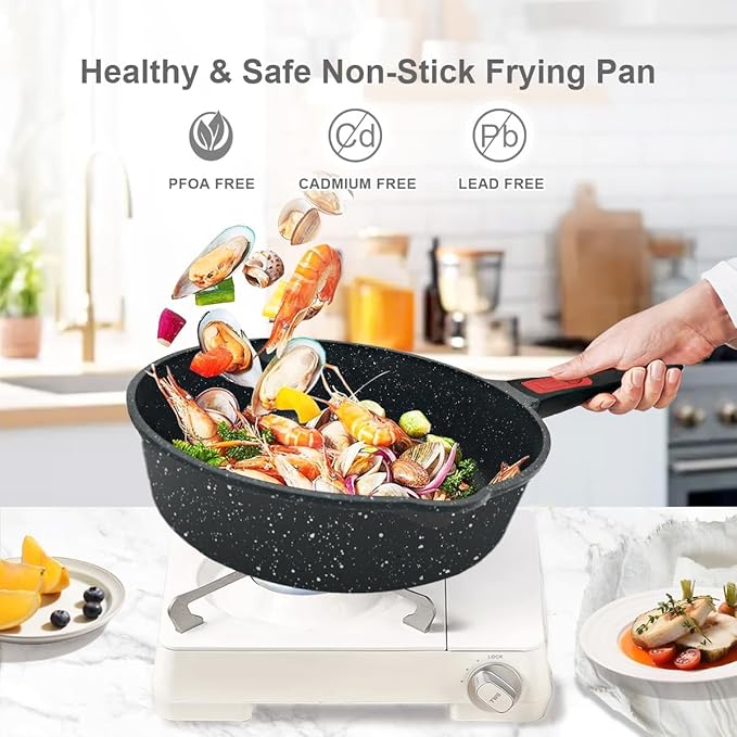 AIKENBBKK 11 Inch Non Stick Frying Pans with Lid, 5 QT Large Deep Frying Pan Skillet with Cover, NonStick Cooking Sauté Pan Compatible with All Stovetops, Detachable Handle, Oven Safe, PFOA PFOS Free