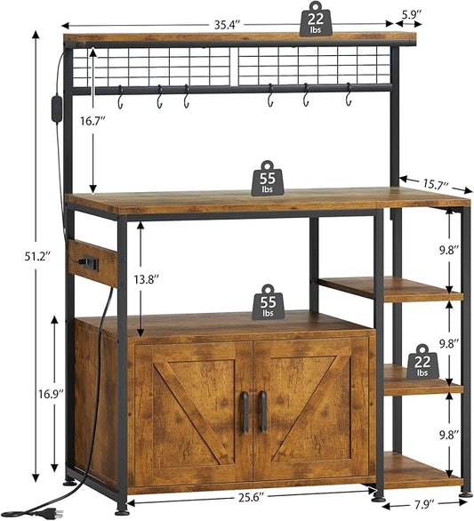 TVU Bakers Rack with Power Outlet and LED Light, Microwave Stand with Storage Cabinet, Coffee Bar Cabinet Station with 6 Hooks for Kitchen, Dining Room, Living Room, Coffee Bar, Rustic Brown, Black