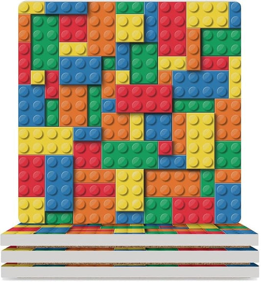 Gamer Drink Coasters, Square Ceramic Drink Coaster Square-4PCS, Kids Colorful Building Blocks Toys Decor Absorbent Ceramic Coasters for Beverage Cup, Bar, Coffee Table