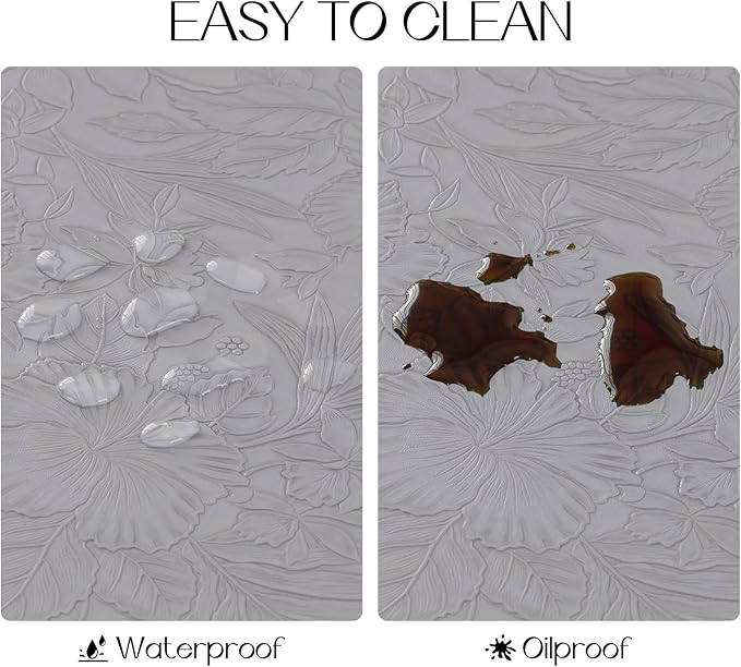 Romanstile Vinyl Placemats Set of 4-12 X 17 Inch - Heat Resistant Non-Slip Embossed Floral Place Mats 100% Waterproof Oilproof Wipeable Faux Leather Table Mats for Kitchen/Dining/Party, Grey