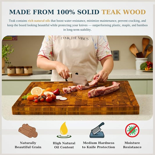 Bearchop Teak Cutting Boards for Kitchen, [20" x 15" x 1.5"] Large End Grain Cutting Boards, Solid Teak Wood Butcher Block Cutting Board with Juice Grooves and Handle, Knife Friendly and Reversible