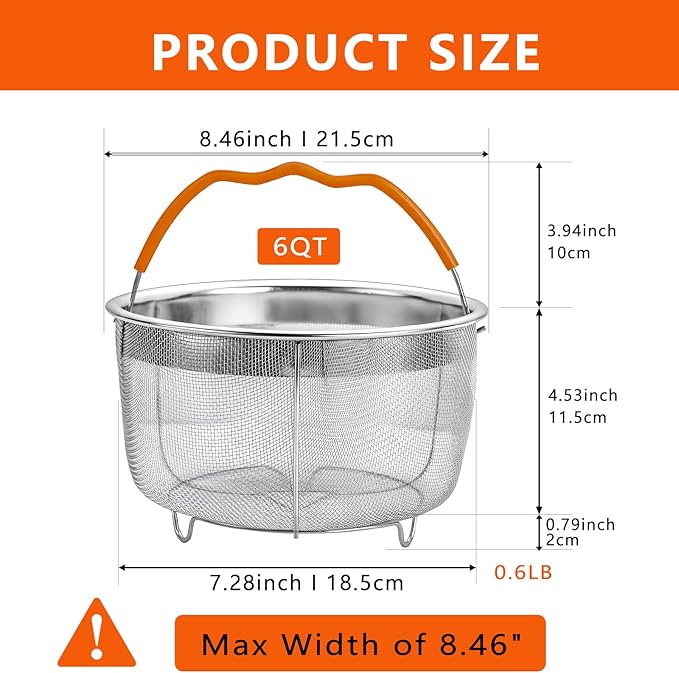 Steamer Basket for Instant Pot Accessories 6 & 8 Qt - Stainless Steel Mesh Strainer Insert - Vegetable Steamer for Cooking Broccoli, Eggs, Pasta - Fits All Pressure Cooker Pots - Silver