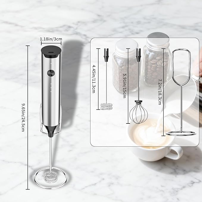 BZPP Kitchen Milk Frother Handheld with Stand, 3 Speeds Adjustable Mixer Electric Handheld Frother Wand, Hand Mixer Matcha Whisk Coffee Stirrers for Matcha, Hot Chocolate, Egg - Stainless Steel