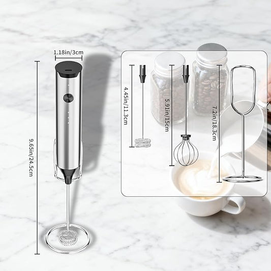 BZPP Kitchen Milk Frother Handheld with Stand, 3 Speeds Adjustable Mixer Electric Handheld Frother Wand, Hand Mixer Matcha Whisk Coffee Stirrers for Matcha, Hot Chocolate, Egg - Stainless Steel
