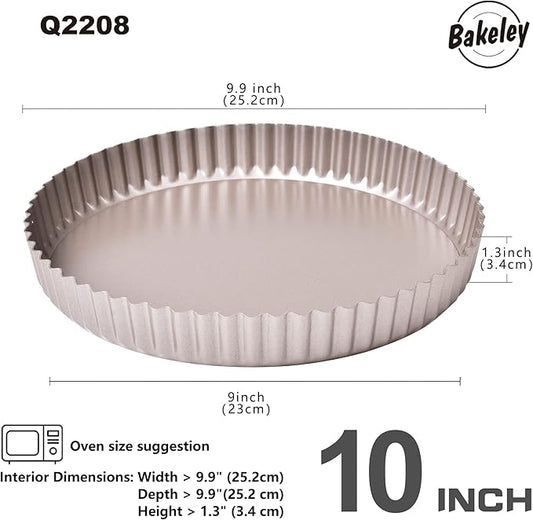 Bakeley 10-Inch Round Tart Pan with Loose Removable Bottom, Non-Stick Carbon Steel Quiche Pan for Oven Baking (Champagne Gold)