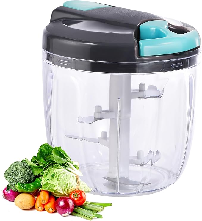 Ziweaye Manual Food Processor Vegetable Chopper, Portable Hand Pull String Garlic Mincer Onion Cutter for Veggies, Ginger, Fruits, Nuts, Herbs, etc., （900ml,Gray-blue）