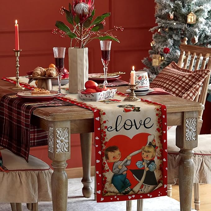 Vintage Valentine's Day Table Runner Valentines Decorations - Red Love Vintage Style Boys and Girls Valentines Day Anniversary Home Kitchen Dining Table Decor, Valentines Party Decor 13 x 72 Inch
