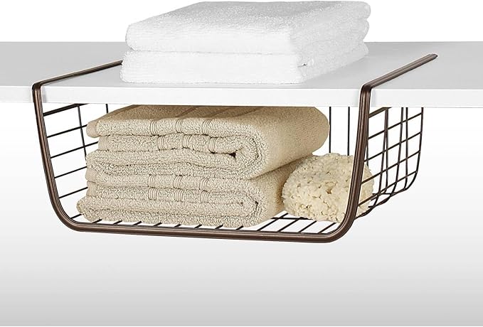 Steel Over the Shelf Storage Basket, Bronze – Heavy Duty Wire Basket with Hooks, Over-the-Cabinet Organizer for Kitchen, Bathroom, Office, Easy Install, Durable Steel Construction