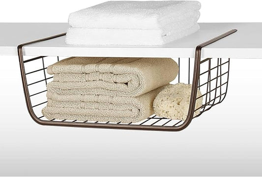 Steel Over the Shelf Storage Basket, Bronze – Heavy Duty Wire Basket with Hooks, Over-the-Cabinet Organizer for Kitchen, Bathroom, Office, Easy Install, Durable Steel Construction