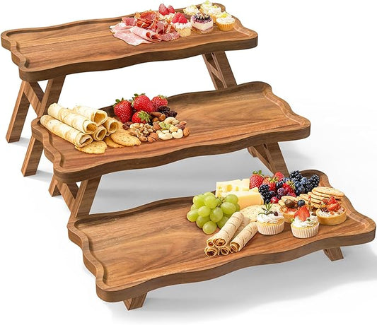 Acacia Wood 3 Tier Cupcake Stand, Serving Tray for Party, Foldable Dessert Table Display Set, Tiered Tray Decor for Party, Birthday, Wedding, Christmas