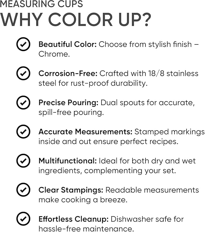 Color Up Measuring Cup Set, 8 Piece, Copper and Chrome Finish, Stainless Steel, Accurate for Wet & Dry Ingredients, Embossed Markings, Easy Pour Spouts, Dishwasher Safe, Kitchen Essential (Stainless)