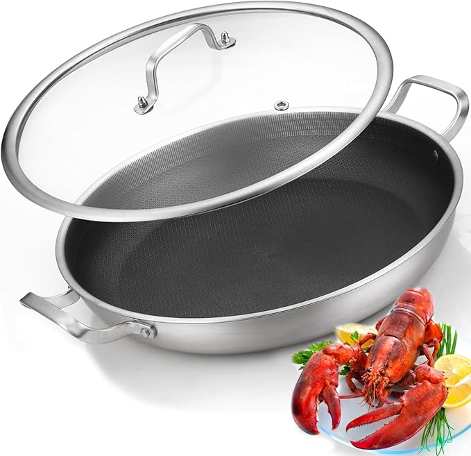 Yeksum Tri-Ply 14.5 Inch Stainless Steel Paella Pan,12 Servings Paella Pan with Lid,18/10 Nonstick Large Skillet,Jumbo Cooker,Induction Pan,Skillets,for Outdoors,Camping,Parties