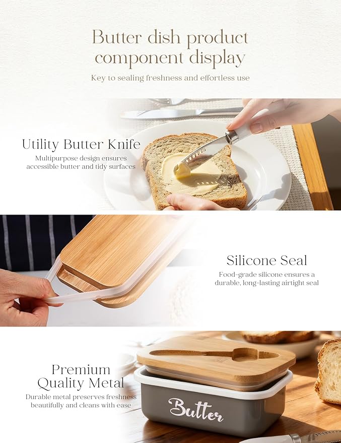 Butter Dish with Lid for Countertop, AISBUGUR Metal Butter Keeper with Stainless Steel Multipurpose Butter Knife, Large Butter Container with Double High-quality Silicone Good Kitchen Gift Grey