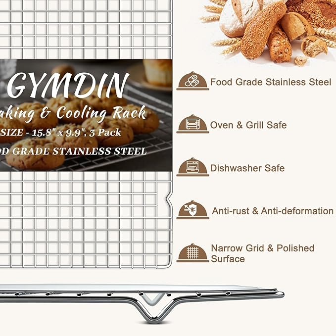 Gymdin Cooling Racks for Cooking and Baking - 3PCS 16" x 10" Premium Stainless Steel Wire Cookie Cooling Rack for Baking, Roasting, and More - Oven & Dishwasher Safe - Fits Jelly Roll Pan