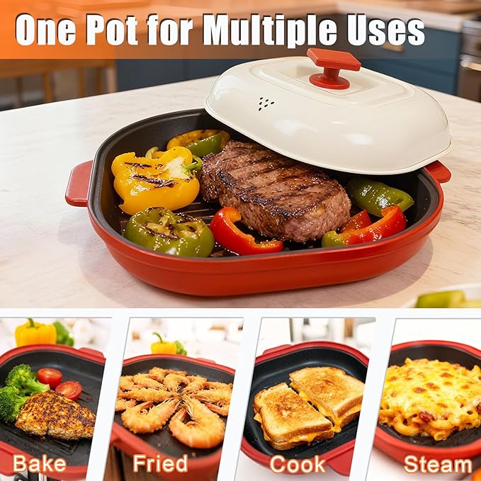 Microwave Grill Pan with Cover, Microwave Cookware Multi-Use for Grilling, Frying, Browning and Crisping, Microwave Bacon Cooker Tray, Microwave Griller with Cover Safe and Easy to Clean (Red)