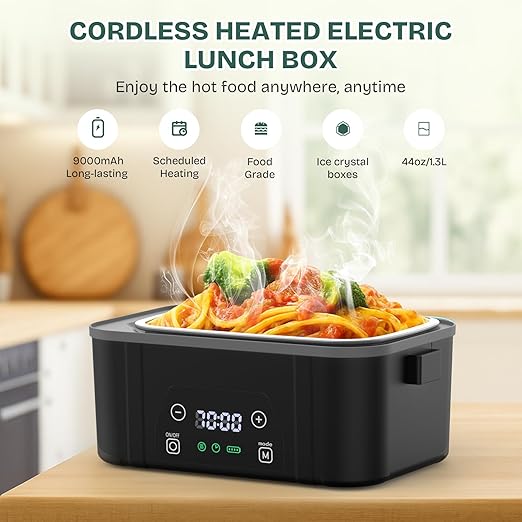 Cordless Heated Lunch Box, Smart Timer Automatic Heating Food Warmer for Adults, 5.5-Cup Portable Electric Lunch Container with Handheld Insulated Bag