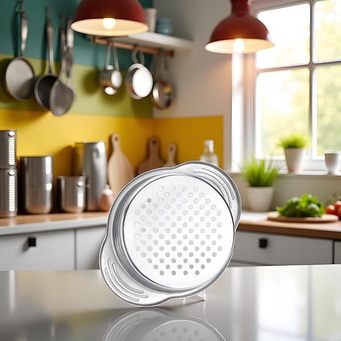 Stainless Steel Food Can Strainer Sieve Metal Tuna Press Filter Canning Lid Colander Oil Drainer Kitchen Tools for Beans Vegetables (Silver)