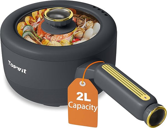 TOPWIT Hot Pot Electric, 2L Electric Pot, Non-Stick Sauté Pan, Portable Cooker for Steak, Egg, Fried Rice, Ramen, Soup with Dual Power Control (Spatula Not Included), Grey