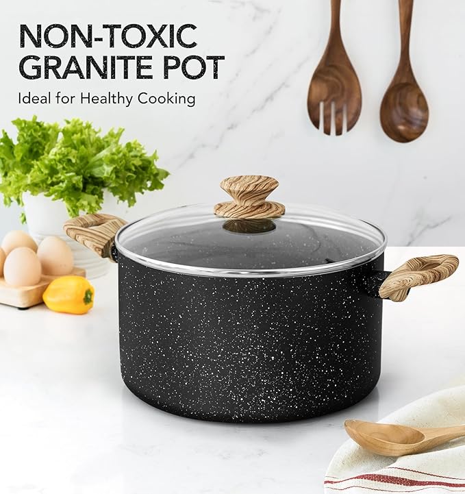 MICHELANGELO 6 Quart Stock Pot with Lid, Nonstick Soup Pot with Lid, 6 Qt Cooking Pot Induction Compatible, Non Stick Pots with Stay-cool Handle, Nonstick Pots for Cooking, Black Granite