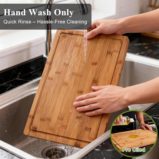Tafopue Bamboo Cutting Board, 1" Thick Heavy Duty Wood Chopping Board for Kitchen, Built-in Deep Juice Groove and Handles, Reversible Charcuterie Board for Meat BBQ, Gift for Housewarming, 17x12''