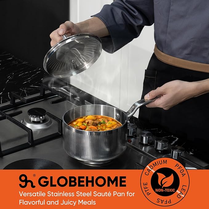 GLOBEHOME 5-Ply Stainless Steel Sauce Pan with Lid - 2 Quart SaucePan Durable and Even Heating, Professional Cookware for Induction, All Stoves, Oven and Dishwasher Safe