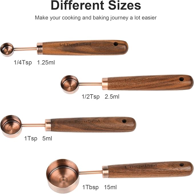 Measuring Cups and Spoons Set with Wood Handle, Stainless Steel Measuring Cup and Spoons Set, Copper Measuring Cups and Spoons for Kitchen & Baking