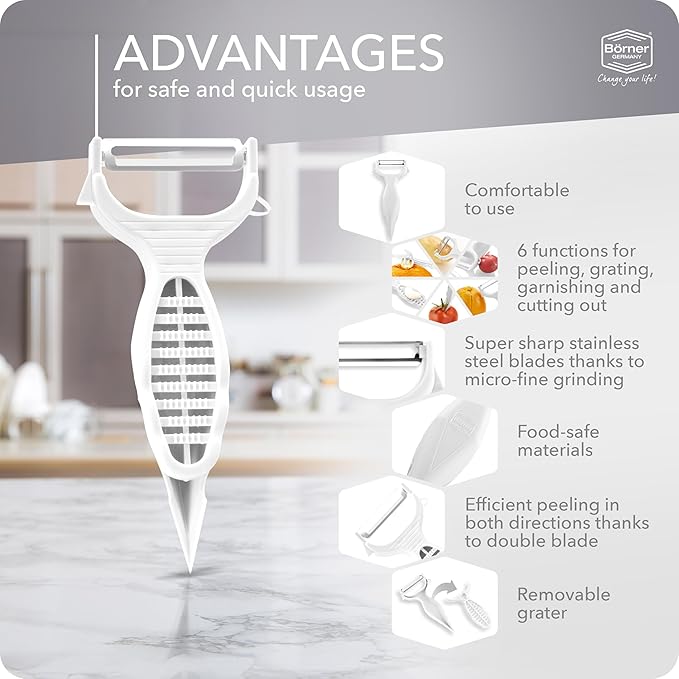 Börner by Reston Lloyd Vegetable Peeler, Garnish Knife, Nutmeg/Garlic Grater, Made in Germany, White