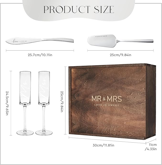 AW BRIDAL Champagne Flutes Set of 2, MR MRS Engraved, Crystal, 6 oz, Cake Cutting Set, Wedding Gift Box, Housewarming Gifts, Engagement Gifts for Couple