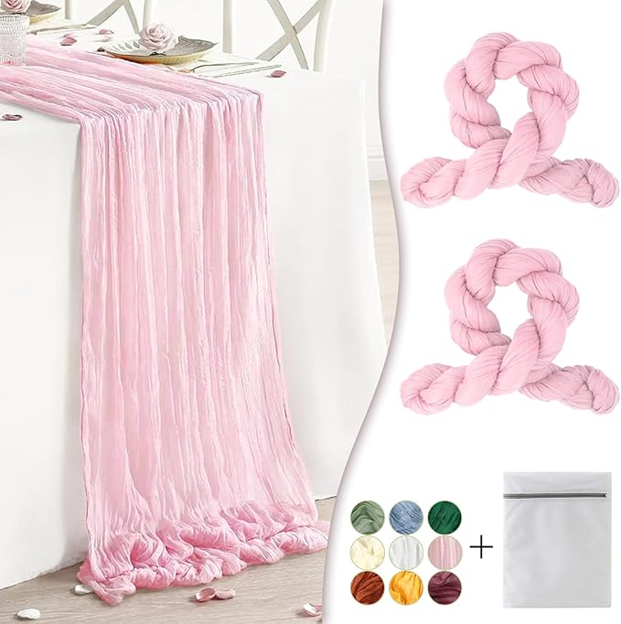 Pink Cheesecloth Table Runner 2 Pack 35" Boho Gauze Runner 120 inches Long Runner Rustic Sheer Fabric Bulk for Boho Baby Shower Wedding Bridal Birthday Party Table Decorations