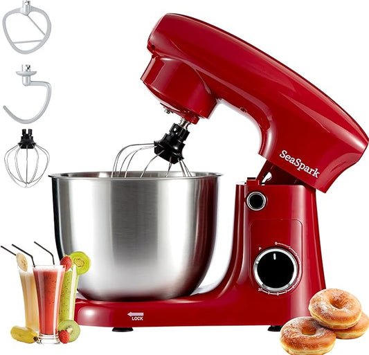 SeaSpark Stand Mixer, 3 in 1 Stand Mixer, 5.5Qt Electric Mixer, Mixer with Stainless Dough Hook, Wire Whip & Beater, Food Mixer for Baking, Cake and Most Home Cooks, Red