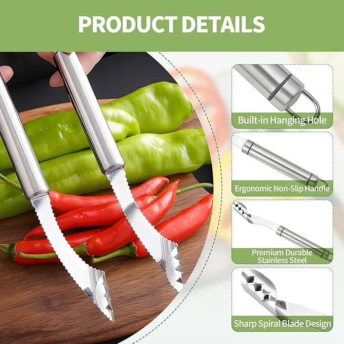 3pcs Jalapeno Pepper Corer, 2 in 1 Chili Corer Tool - Stainless Steel Pepper Seed Remover with Serrated Slice & Handle, for Slicing Off Vegetable Tops or Removing Pepper Cores